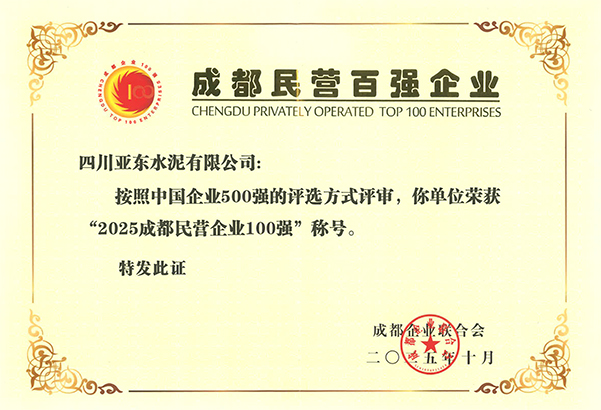 2025年10月28日，四川亞東在成都市企業(yè)創(chuàng)新發(fā)展大會上，榮獲“2025成都民營企業(yè)100強”稱號，并獲頒獎牌。
